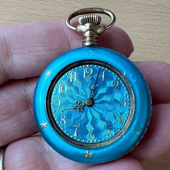ANTIQUE TURQUOISE BLUE GUILLOCHE ENAMEL WATCH PENDANT STERLING SILVER AS IS